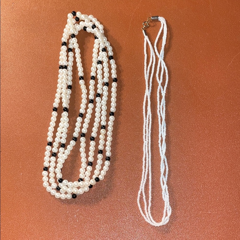 Classic White bead and Pearl and Black Bead Multi-Strand Necklaces